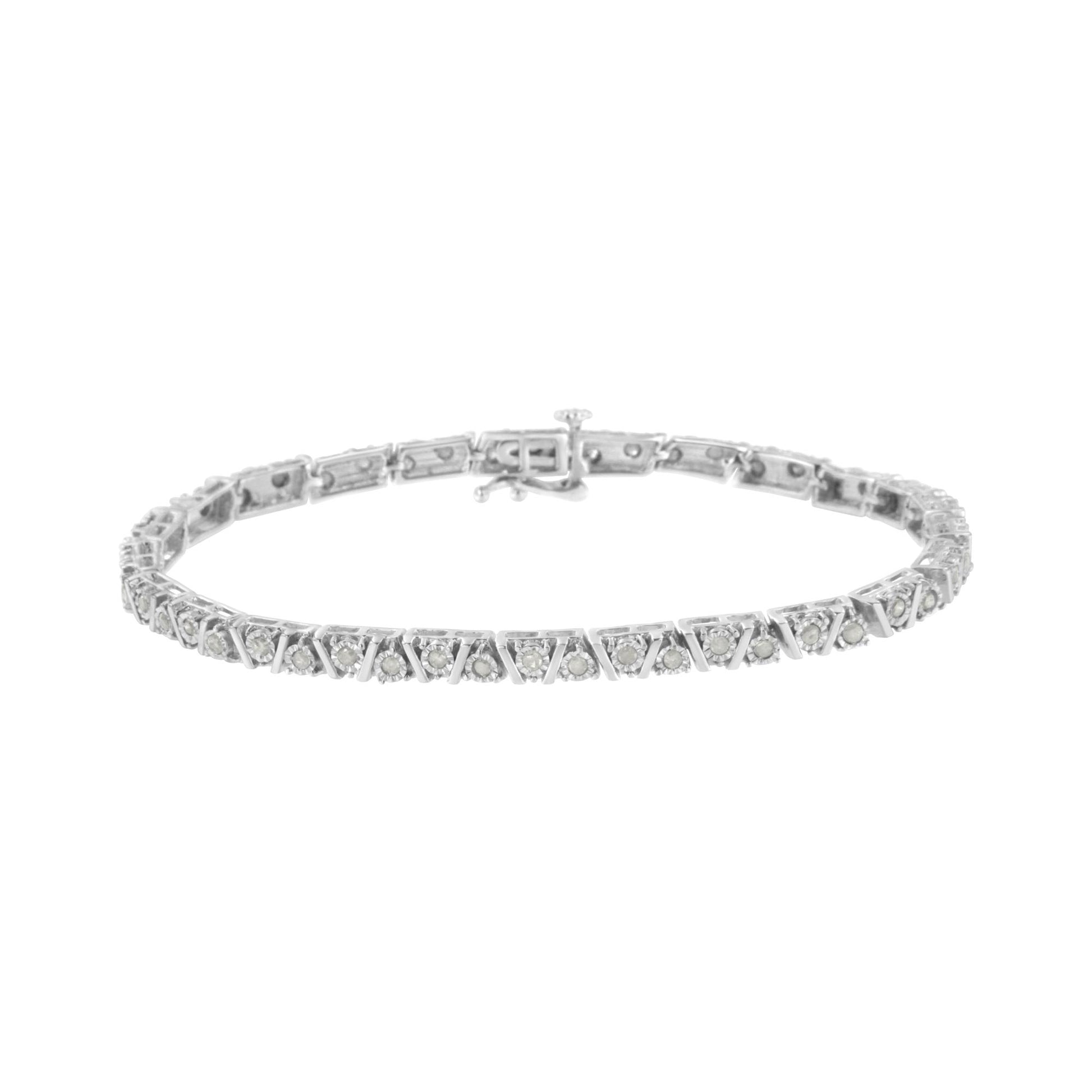 White metal bracelet with round white gemstones in a miracle setting, shown in a front-facing angle on a white background.