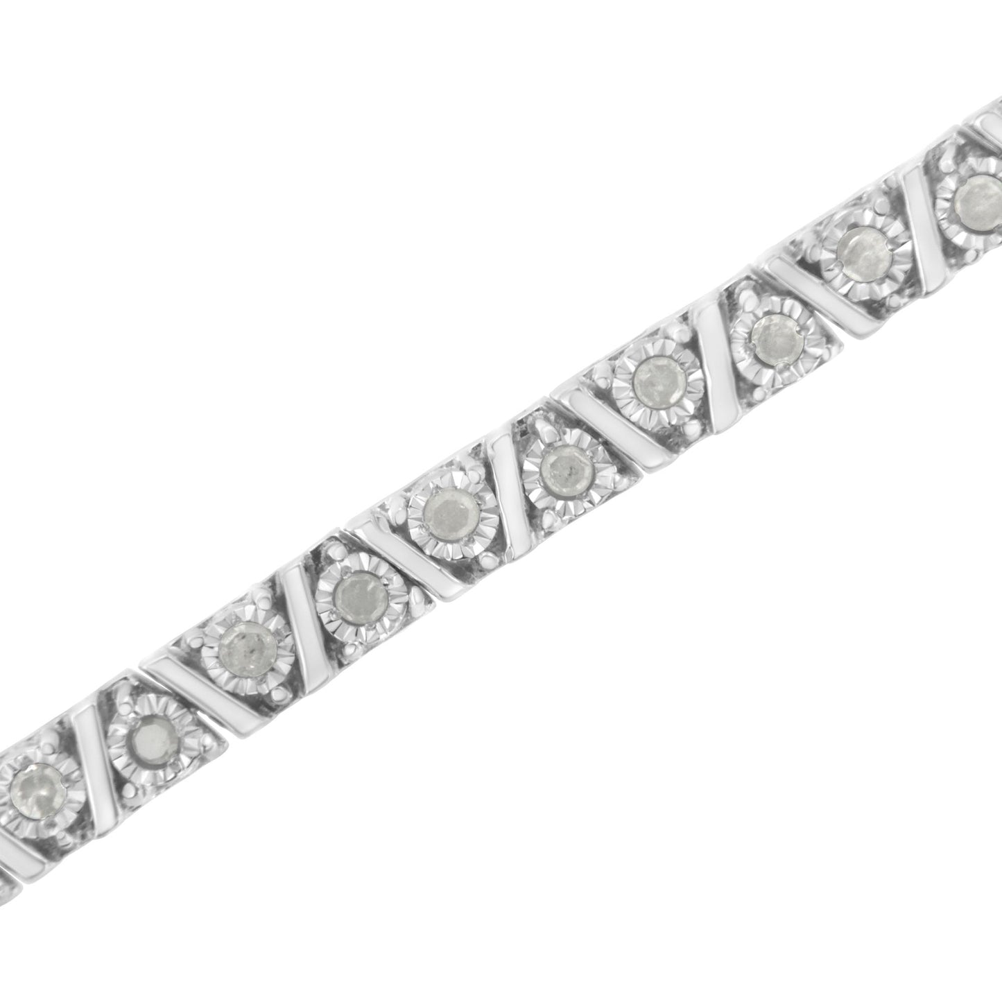 Diagonal close-up of a white metal bracelet with round white gemstones in a miracle setting.