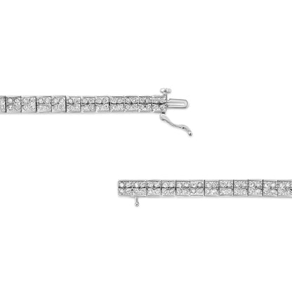 Top-down view of a white metal bracelet with rows of round white gemstones in prong settings, showing the clasp open.