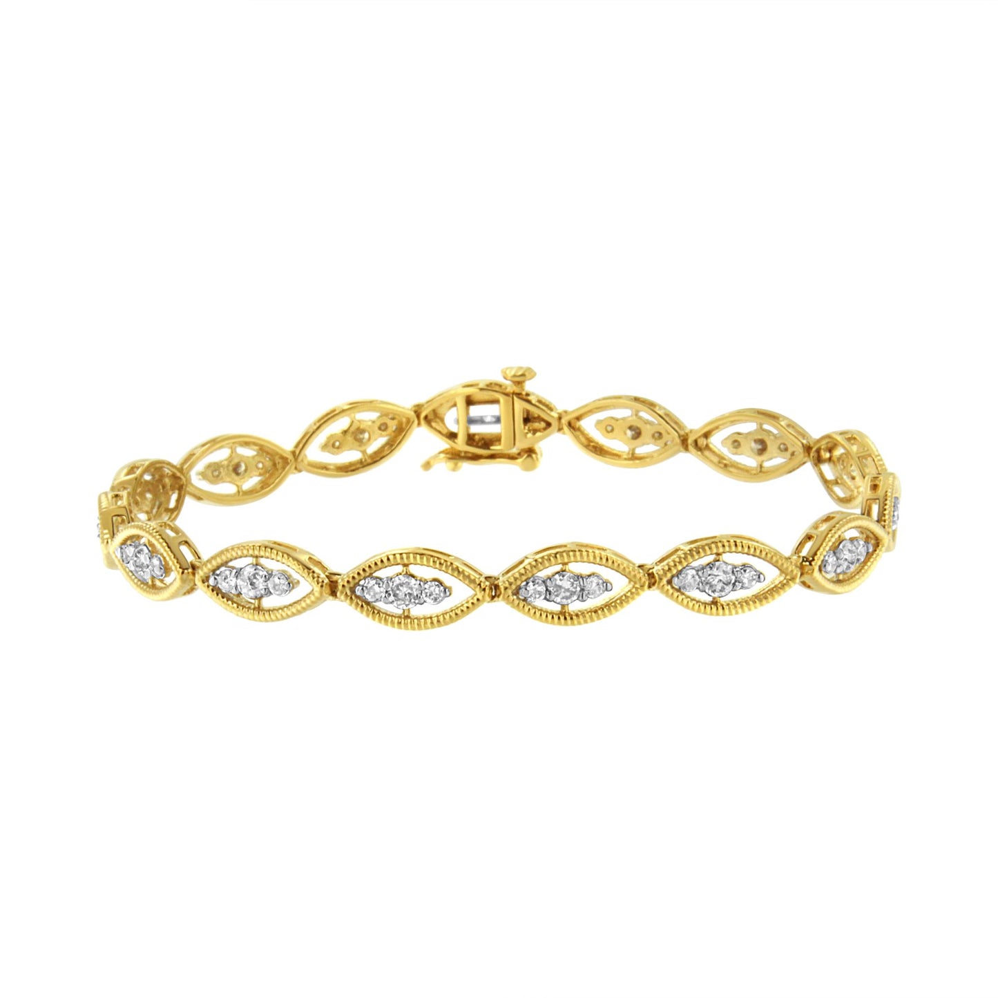Yellow metal bracelet with marquise-shaped links, each featuring clusters of white round gemstones in prong settings, shown from a front angle.