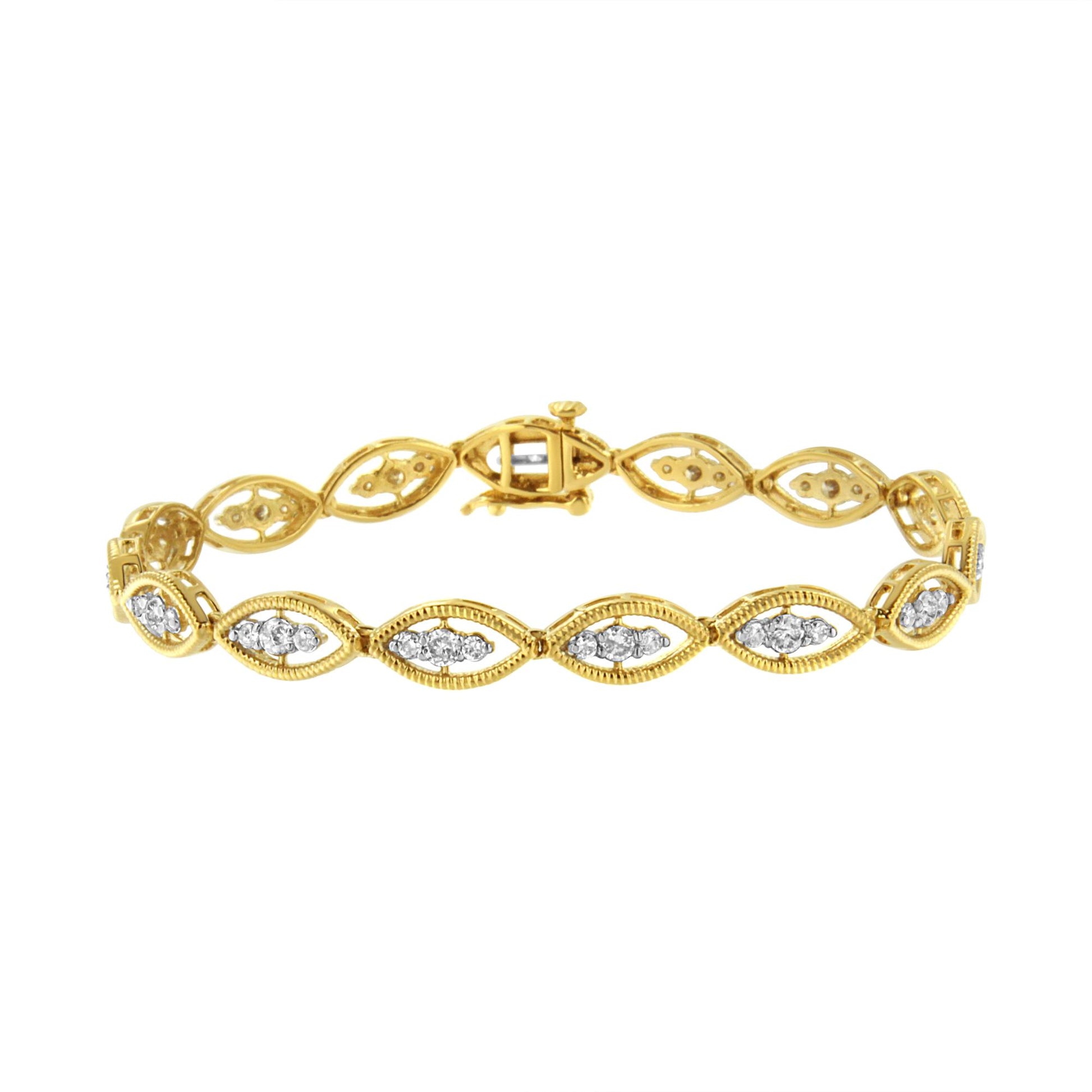 Yellow metal bracelet with marquise-shaped links, each featuring clusters of white round gemstones in prong settings, shown from a front angle.