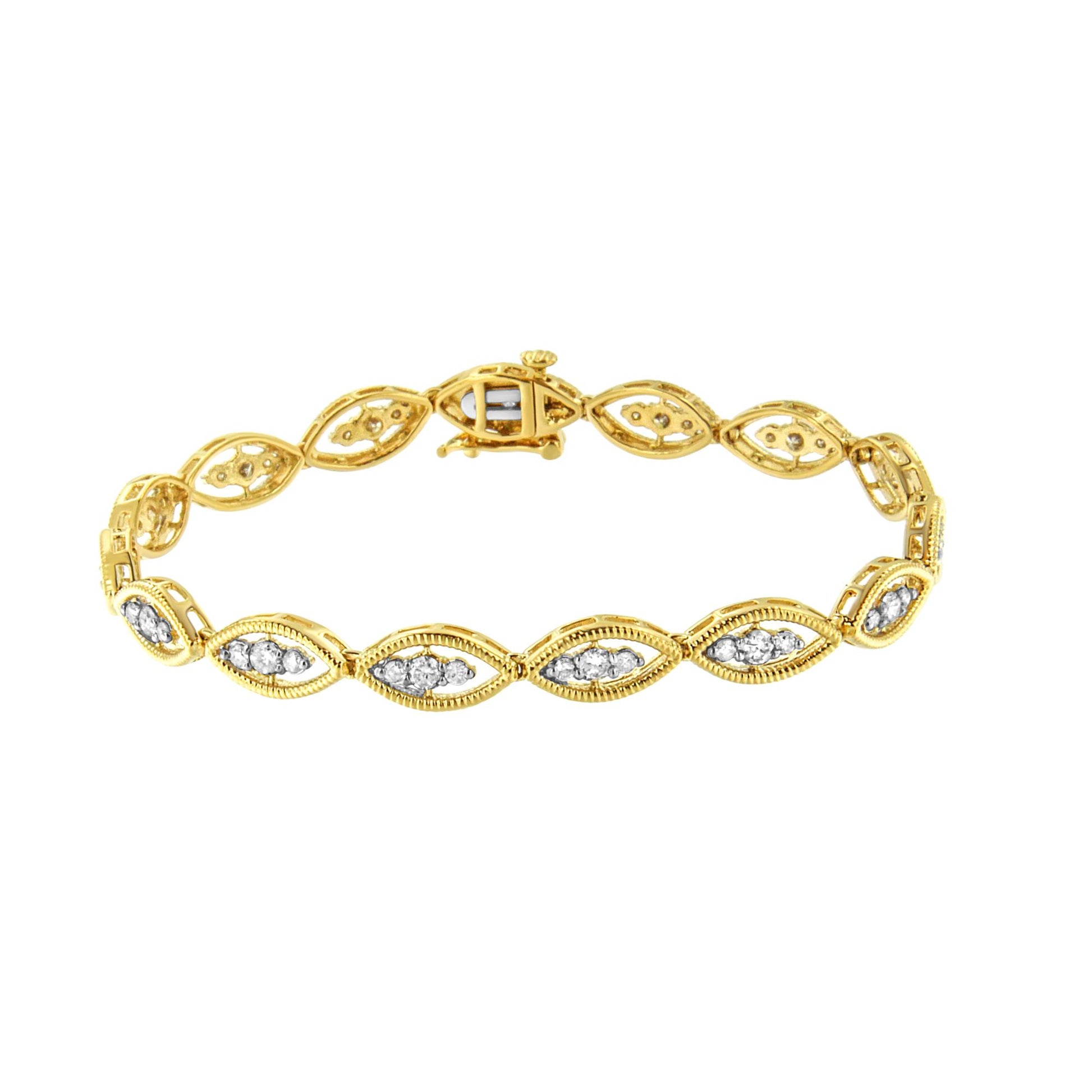 Yellow bracelet with marquise-shaped links, each set with clusters of round white gemstones in prong settings, shown from a top angle.