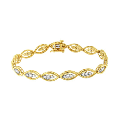 Yellow bracelet with marquise-shaped links, each set with clusters of round white gemstones in prong settings, shown from a top angle.