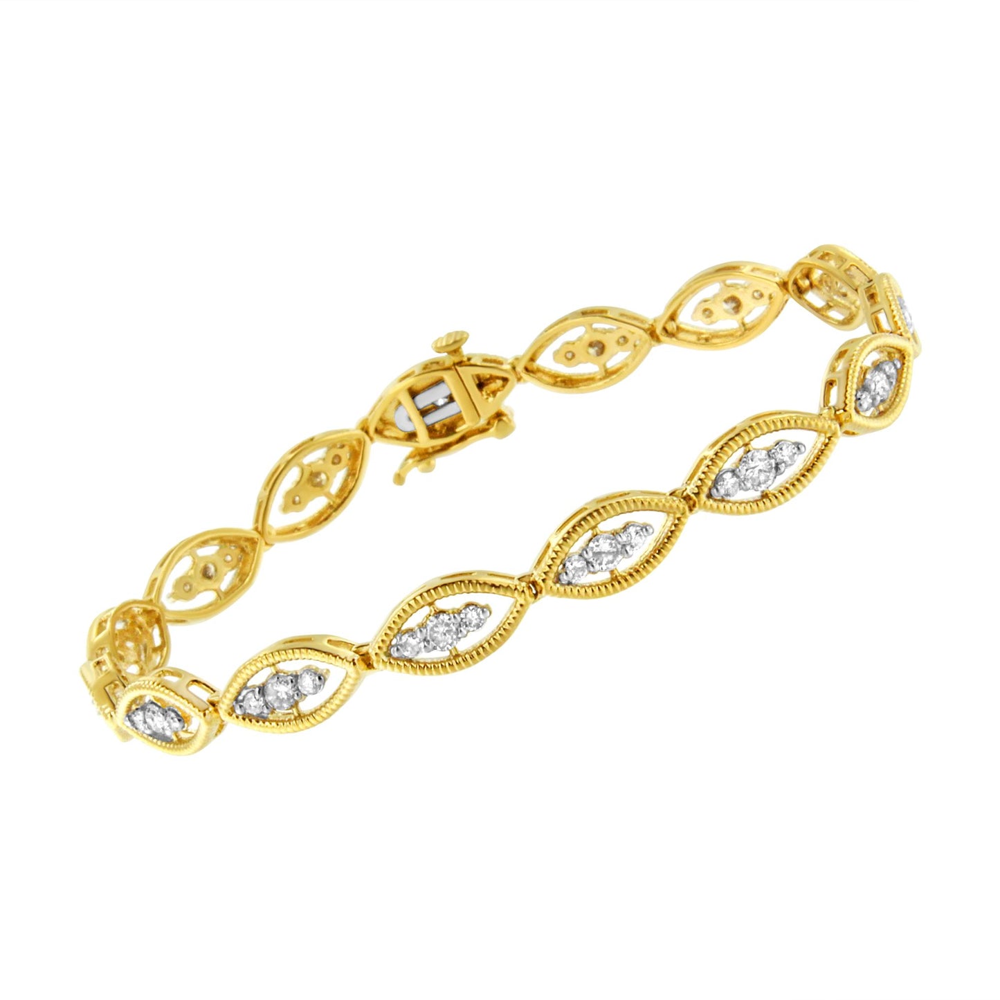 Yellow bracelet with marquise-shaped links, each set with clusters of white round gemstones, shown at a slight angle on a white background.