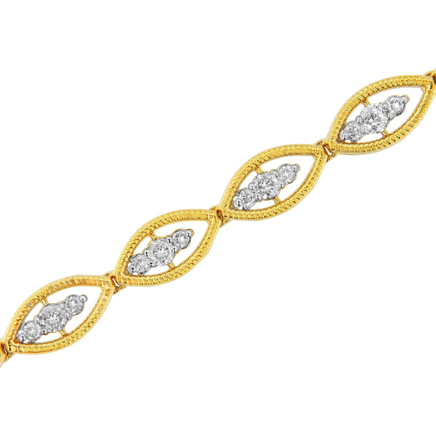 Yellow metal bracelet with marquise-shaped links featuring clusters of round white gemstones in prong settings, shown at a diagonal angle.