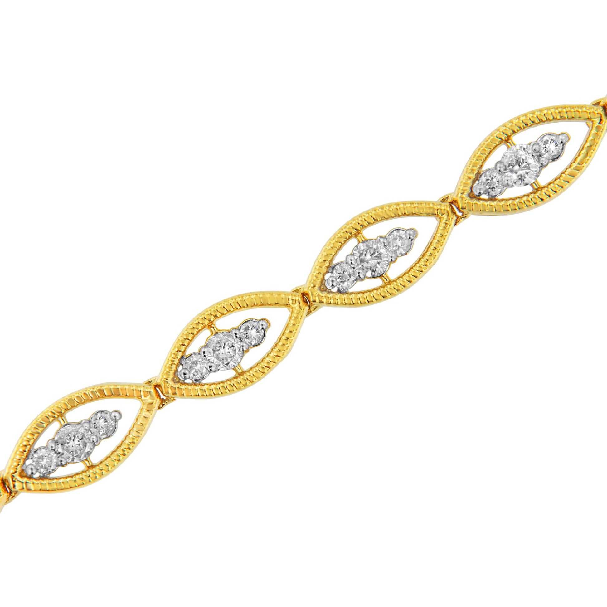 Yellow metal bracelet with marquise-shaped links featuring clusters of round white gemstones in prong settings, shown at a diagonal angle.