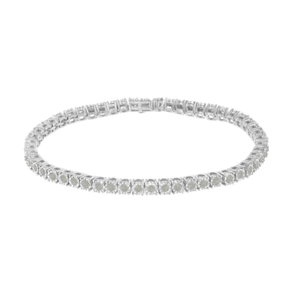 White metal bracelet with round white gemstones in miracle setting, shown from a front angle on a white background.