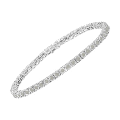 White metal bracelet with round white gemstones in a miracle setting, shown at a slight angle.