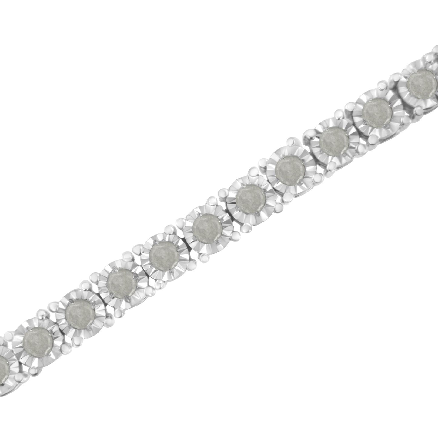 Close-up, diagonal view of a white bracelet featuring round white gemstones in a miracle setting.