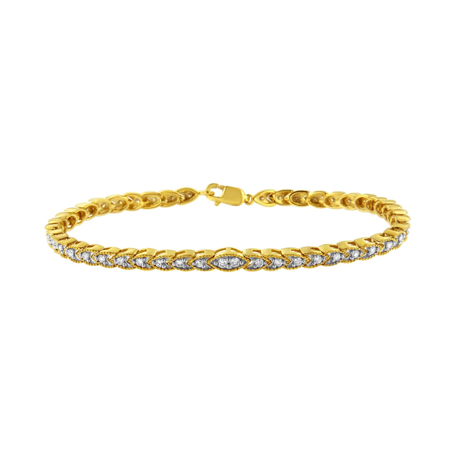 Yellow bracelet with round white gemstones in prong settings, shot from the front on a white background.