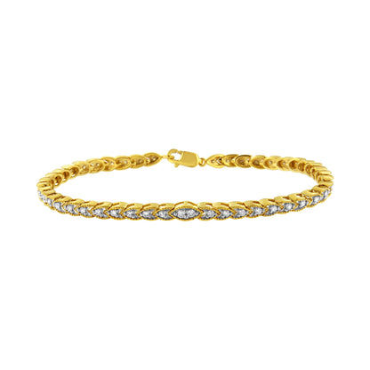 Yellow bracelet with round white gemstones in prong settings, shot from the front on a white background.