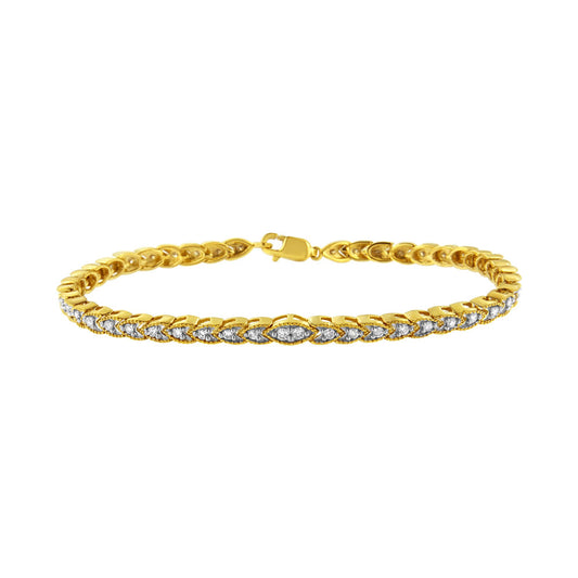 Yellow bracelet with round white gemstones in prong settings, shot from the front on a white background.