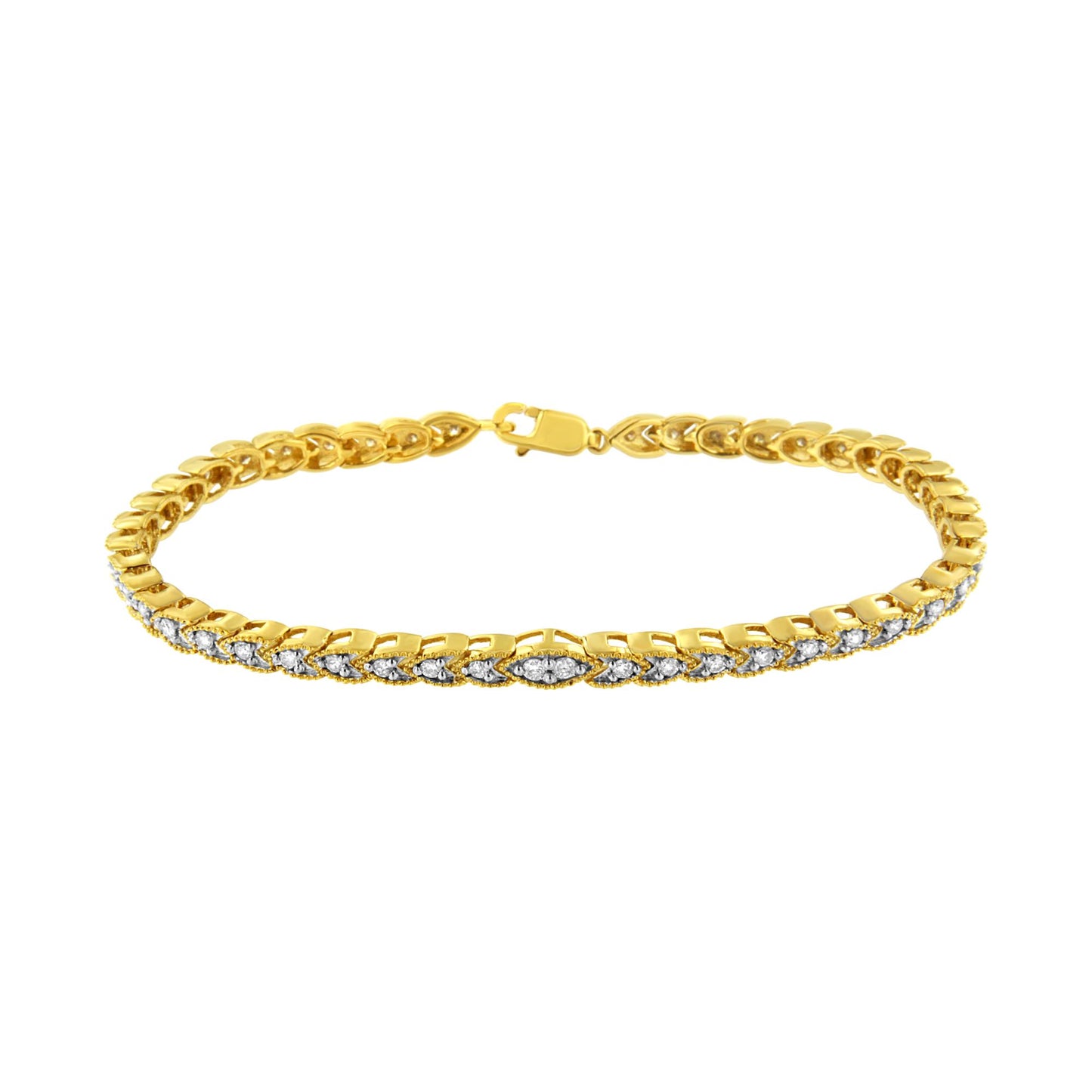 Yellow bracelet with white round gemstones in prong settings along the front, shown from a front angle.