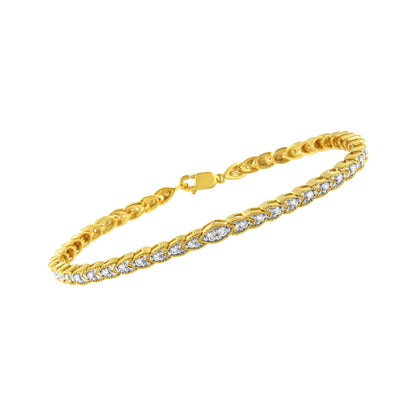 Yellow metal bracelet with prong-set white round gemstones viewed from an angled side perspective.
