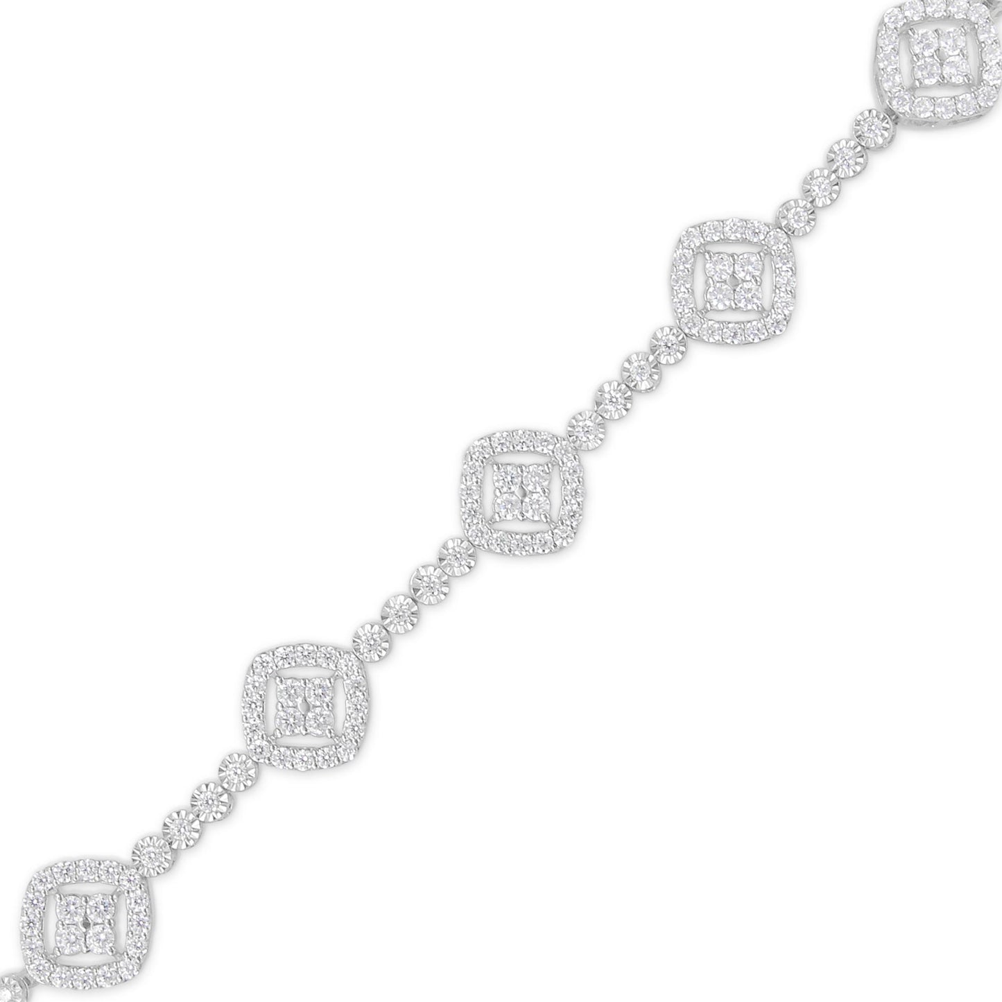 Diagonal shot of a white metal bracelet featuring alternating square and round clusters of white gemstones, with round gemstones connecting the squares, viewed against a white background.