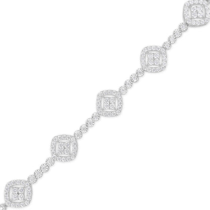 Diagonal shot of a white metal bracelet featuring alternating square and round clusters of white gemstones, with round gemstones connecting the squares, viewed against a white background.
