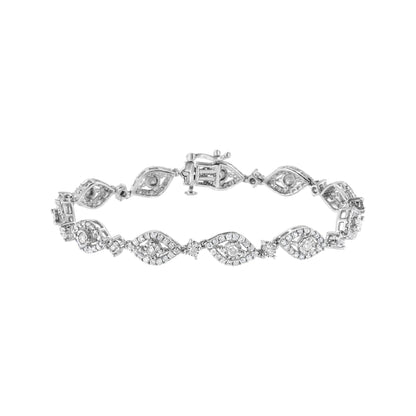 White metal bracelet with alternating oval-shaped and round settings featuring white gemstones in miracle and prong settings, shown from a top angle.
