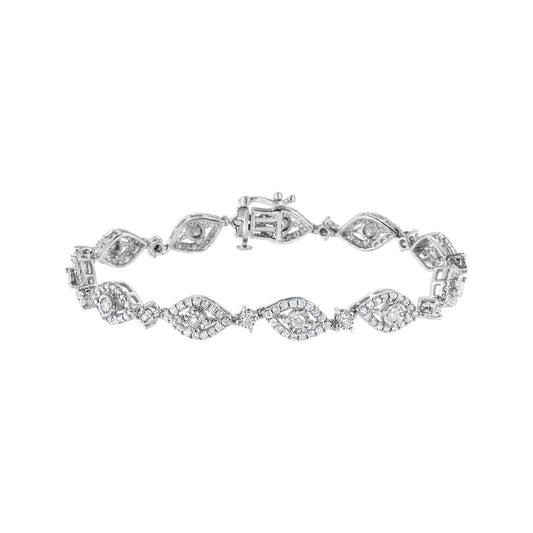 White metal bracelet with alternating oval-shaped and round settings featuring white gemstones in miracle and prong settings, shown from a top angle.