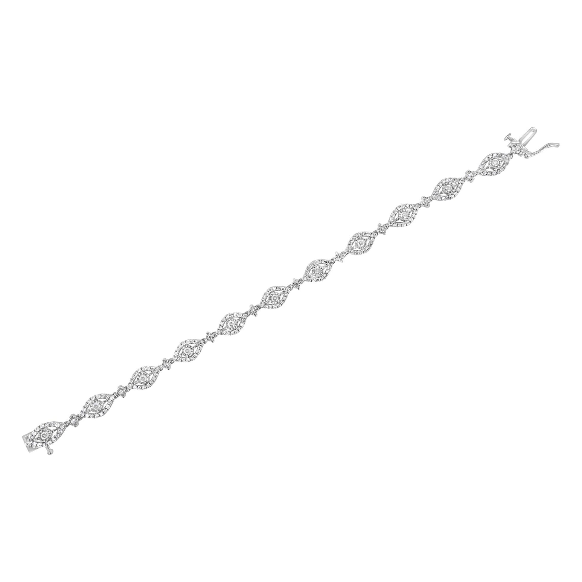 White metal bracelet shown in a flat lay angled view, featuring alternating marquise-shaped links with white gemstones in miracle settings and sections with small round white gemstones in prong settings.