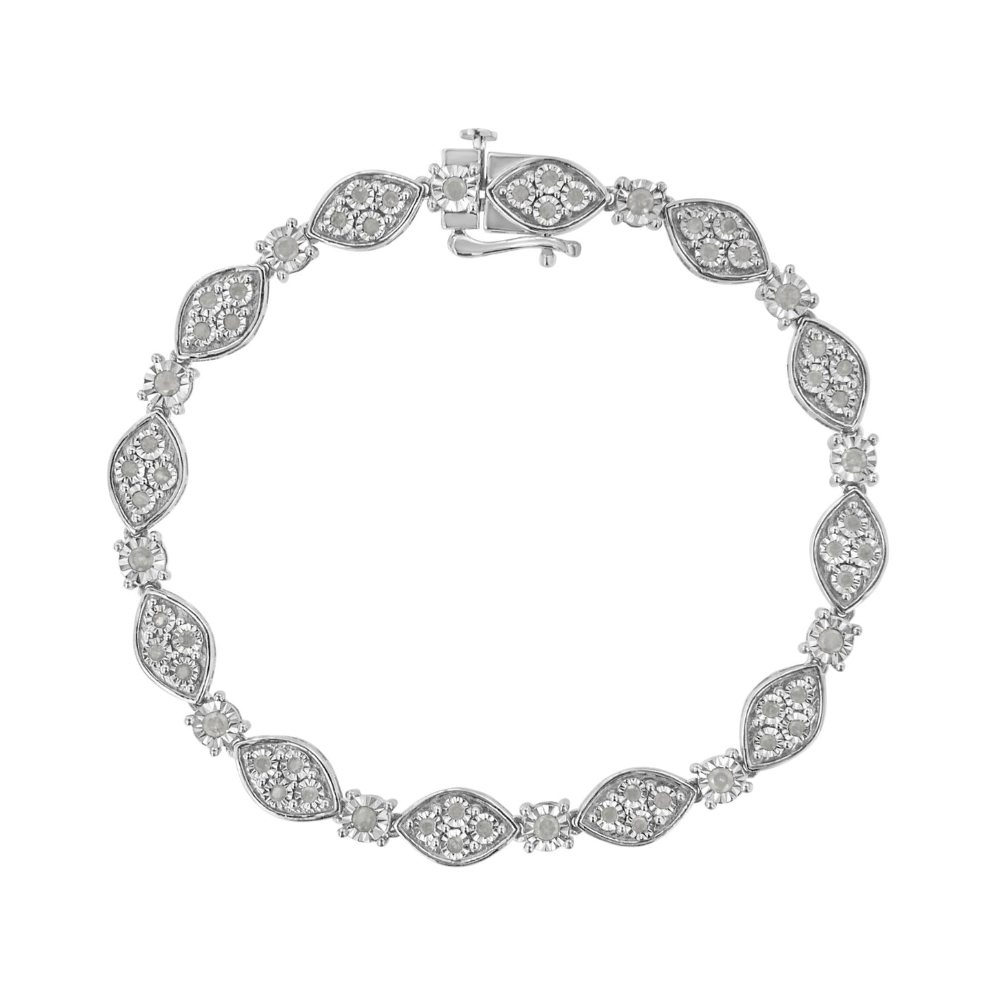 Top-down view of a white metal bracelet with alternating marquise-shaped and round settings, each containing multiple white gemstones in a miracle setting.