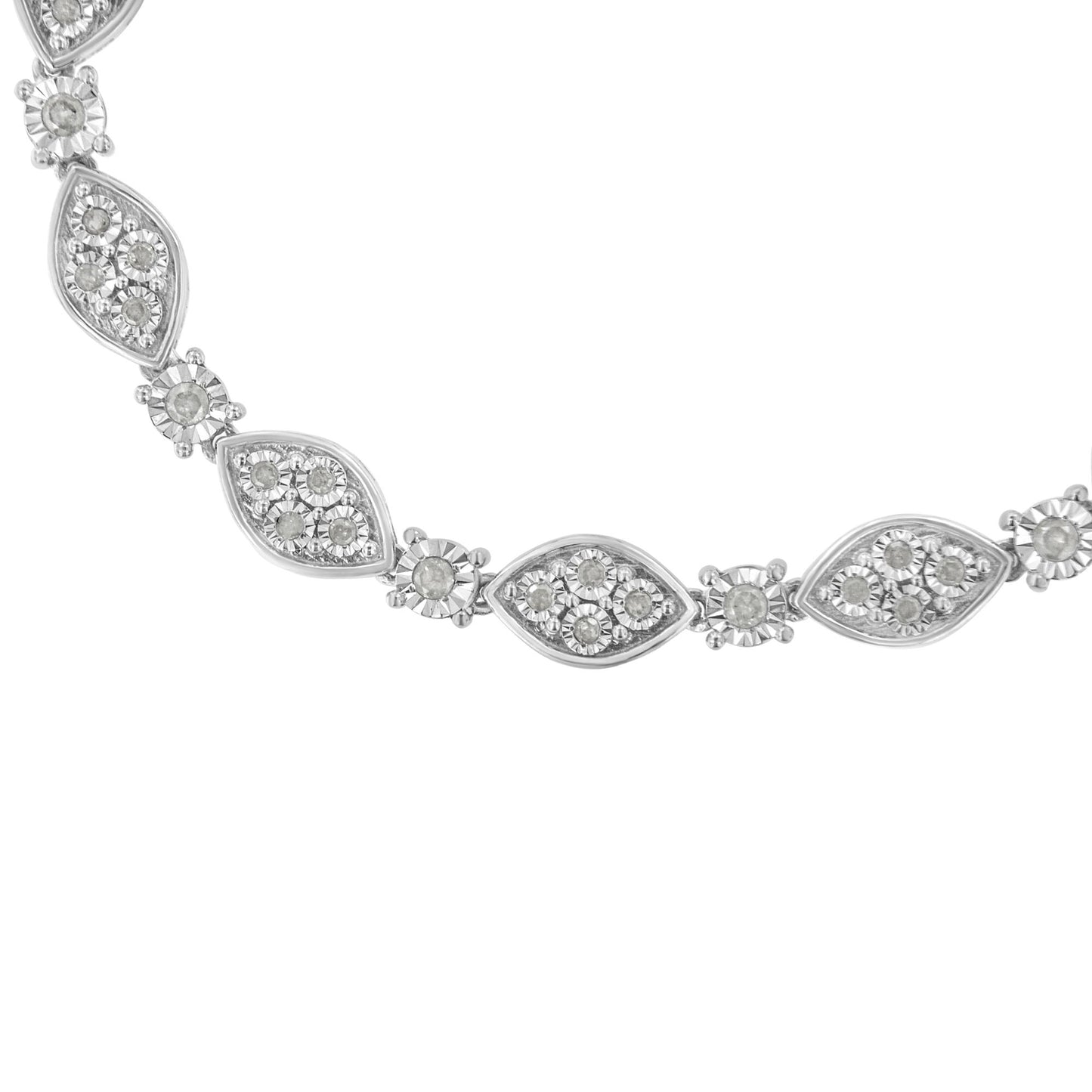 Close-up, angled shot of a white metal bracelet featuring alternating marquise and round settings adorned with white round gemstones in a miracle setting.