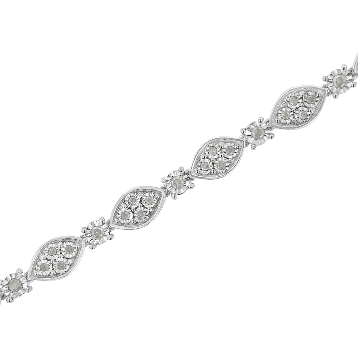 Diagonal close-up of white metal bracelet featuring marquise-shaped links set with clusters of round white gemstones in miracle setting.