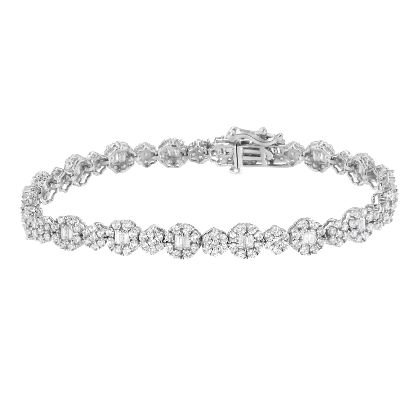White metal bracelet with round prong-set white gemstones and baguette channel-set white gemstones, shown in a front-facing flat lay angle.
