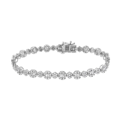 Top-down view of a white metal bracelet featuring round prong-set white gemstones and baguette channel-set white gemstones arranged in a floral pattern.