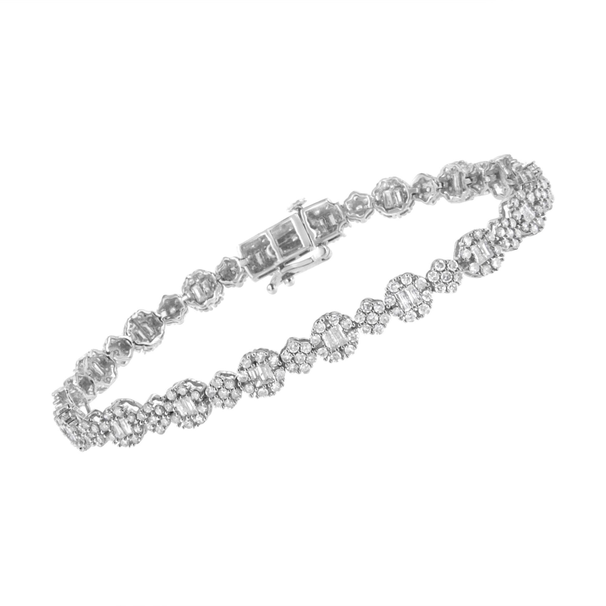 White metal bracelet with alternating round prong-set white gemstones and baguette channel-set white gemstones, shown in a diagonal top-down angle.