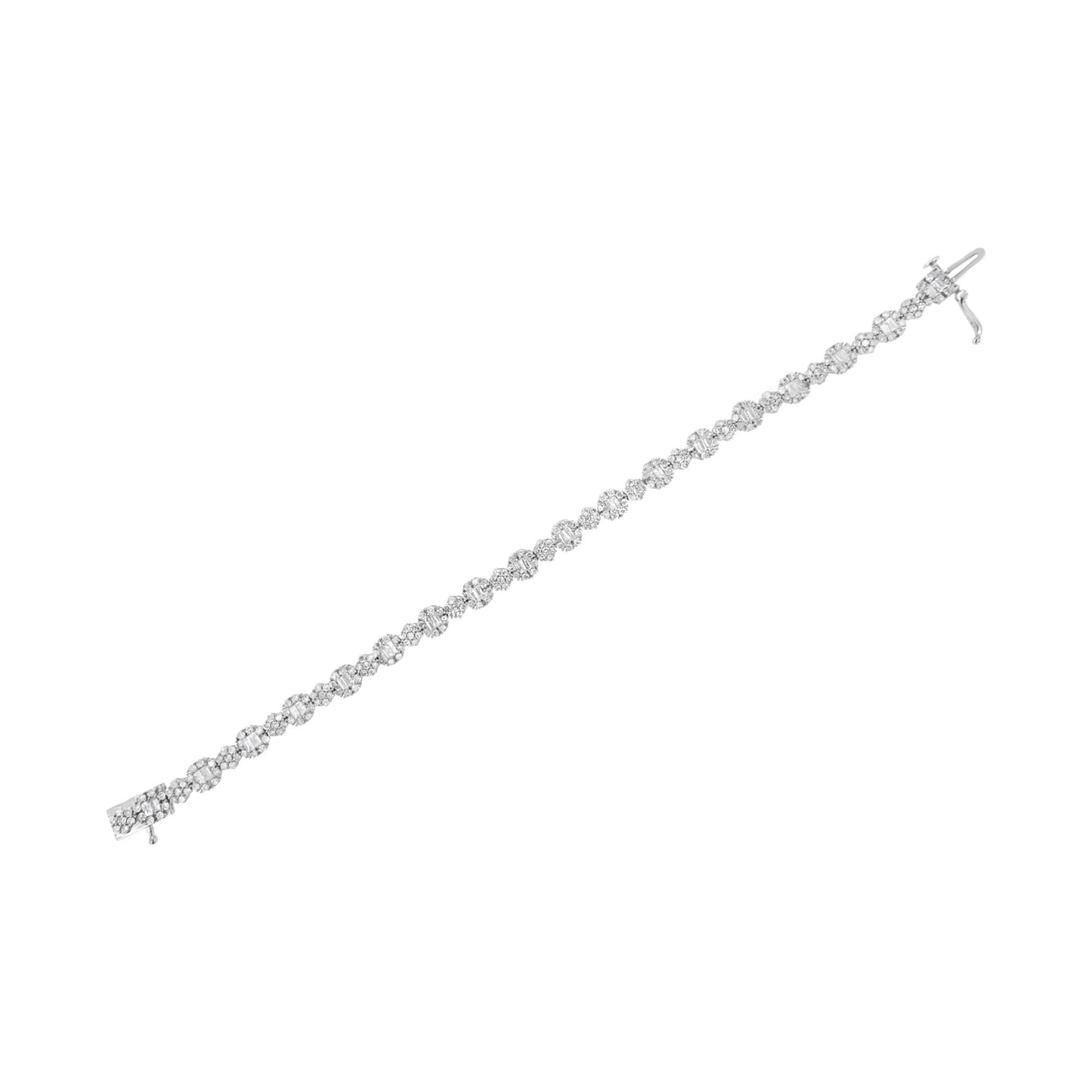 Top-down angled view of a white metal bracelet featuring round white gemstones in prong settings interspersed with channel-set baguette white gemstones, displayed on a white background.