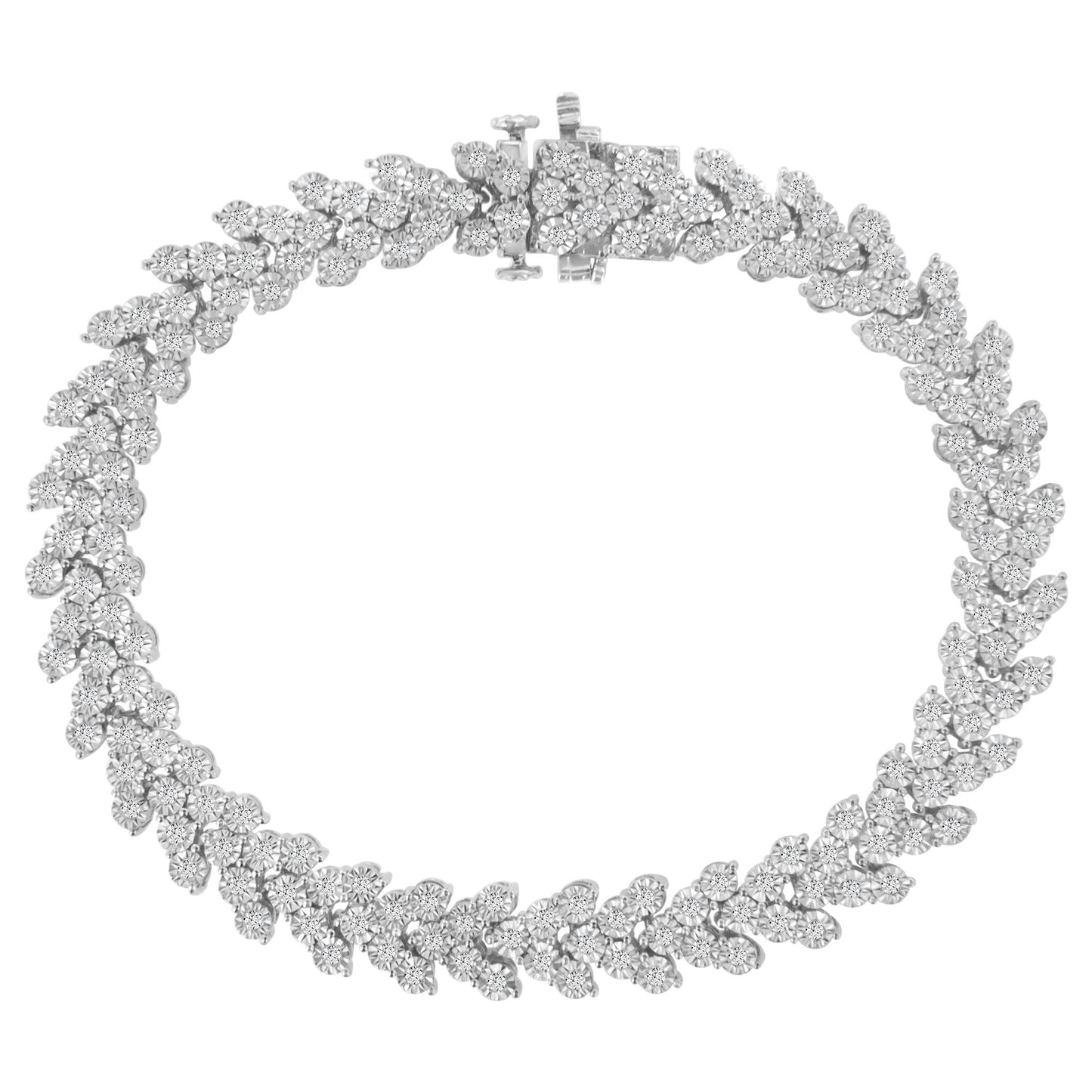 Top-down view of a white metal bracelet with round white gemstones in a Miracle setting forming a floral pattern.