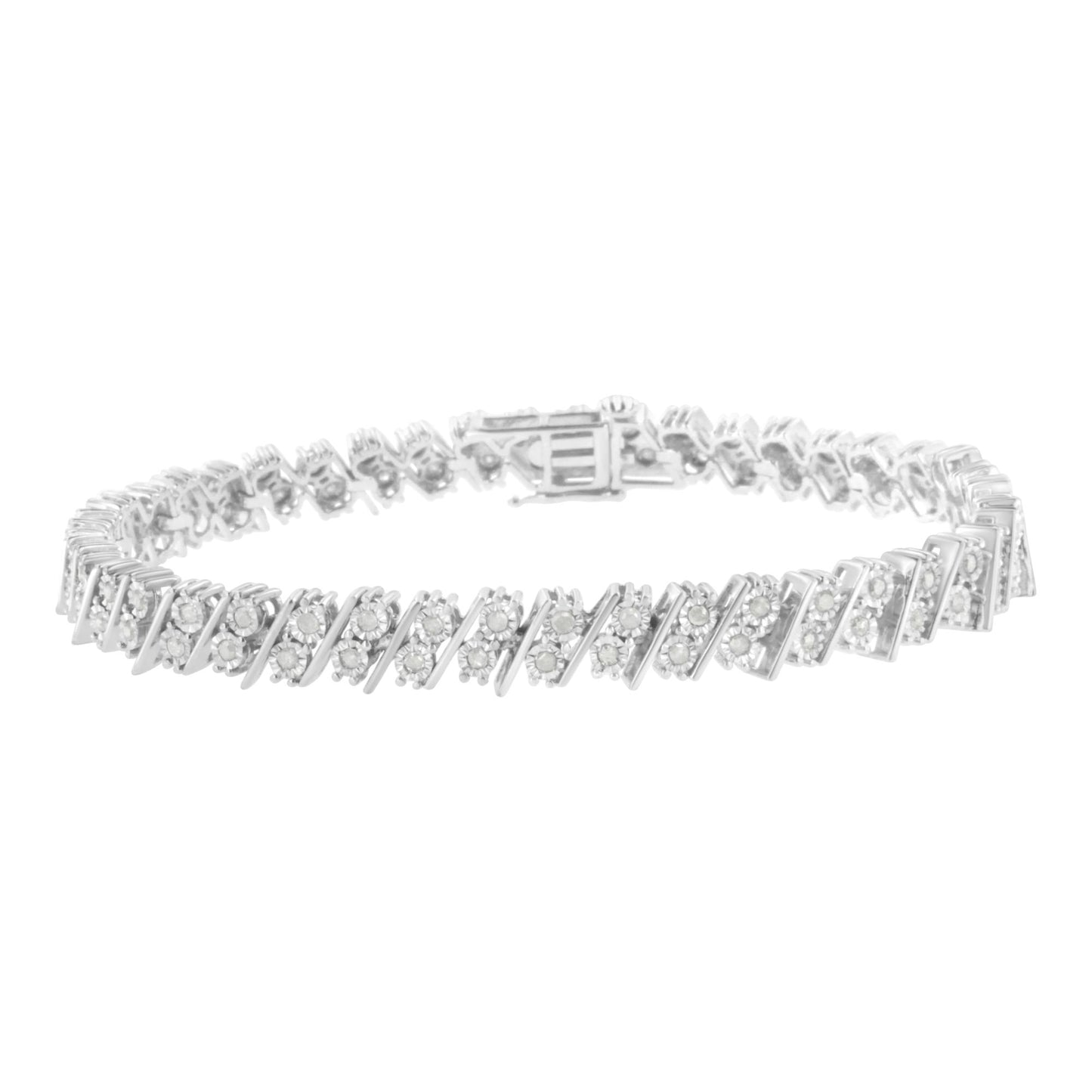 White metal bracelet with round white gemstones in a miracle setting, shown in a front-facing angle.