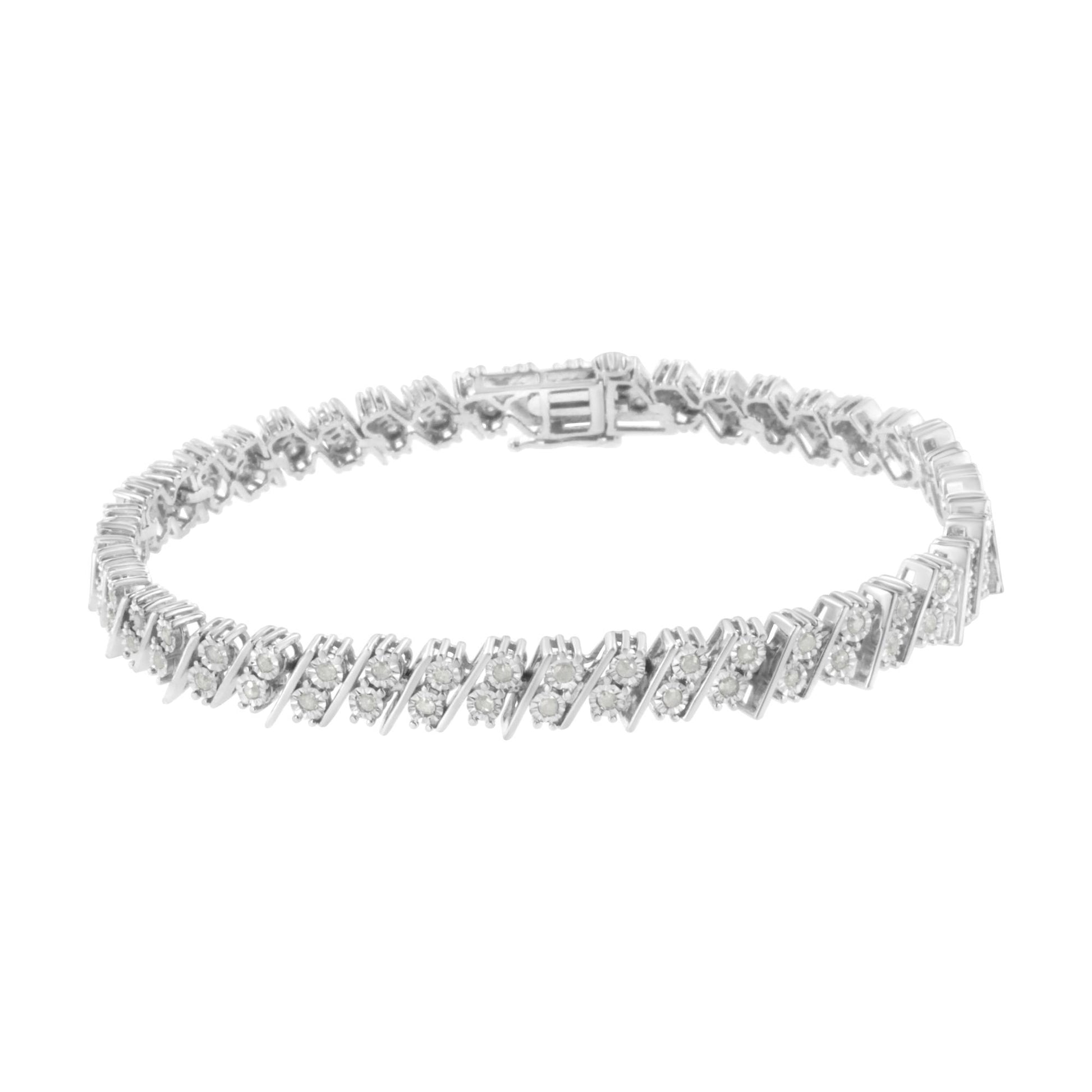 White metal bracelet with round white gemstones in a miracle setting, shown from an angled top view.