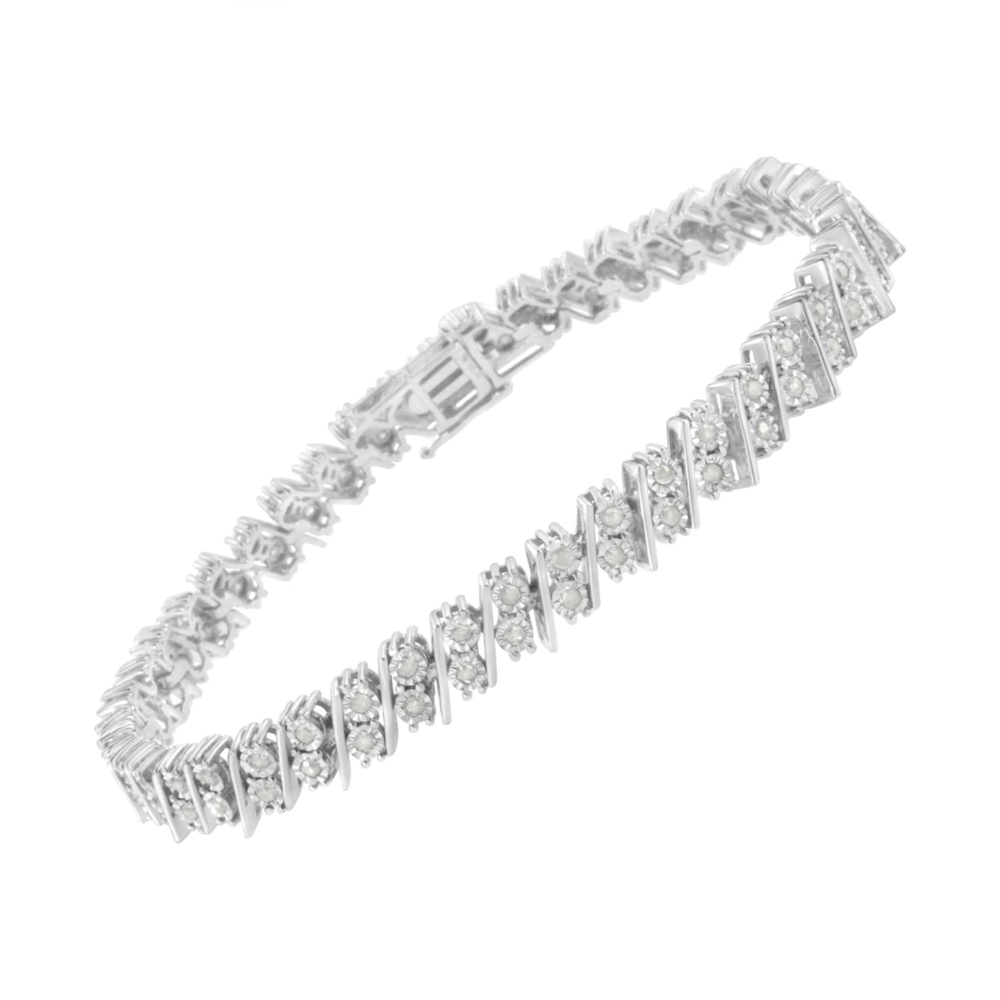 White metal bracelet with round white gemstones in a diagonal pattern, shown at a slight angle.