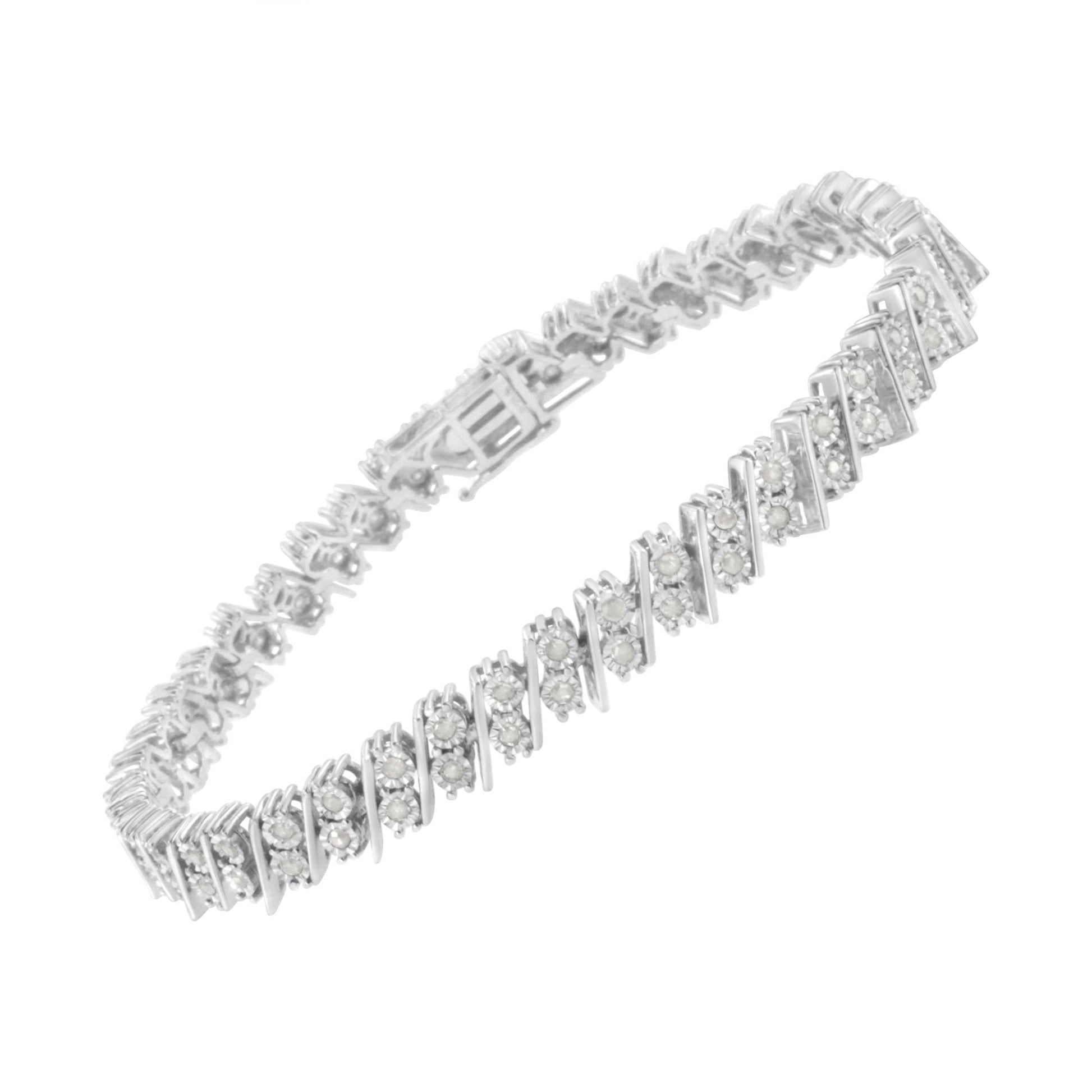 White metal bracelet with round white gemstones in a diagonal pattern, shown at a slight angle.