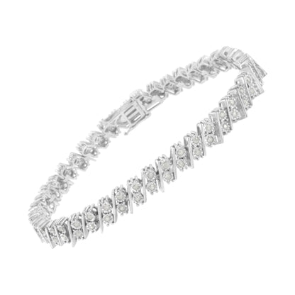 White metal bracelet with round white gemstones in a diagonal pattern, shown at a slight angle.