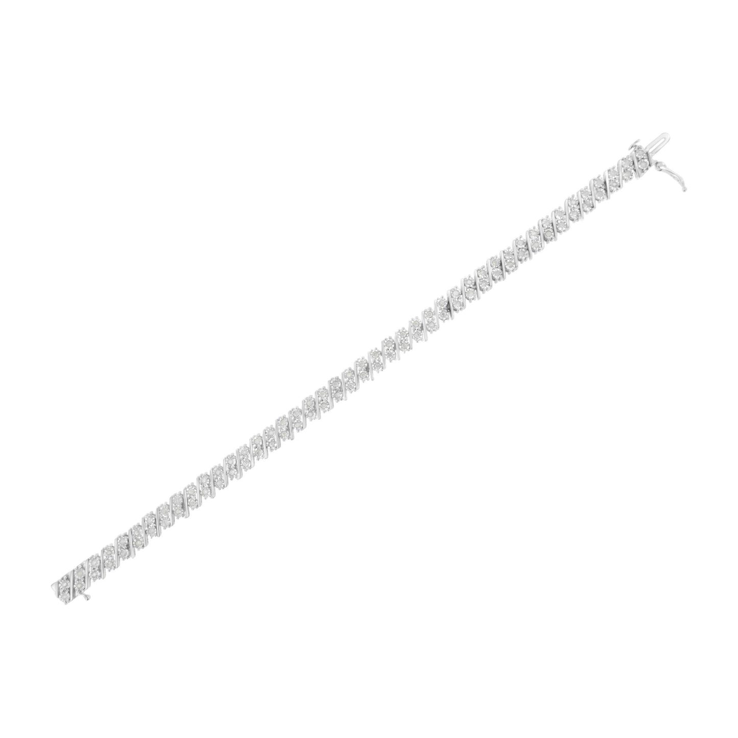 Image of a white metal bracelet shown straight on a white background, featuring round white gemstones in a diagonal pattern along its length, viewed from above at a slight angle.