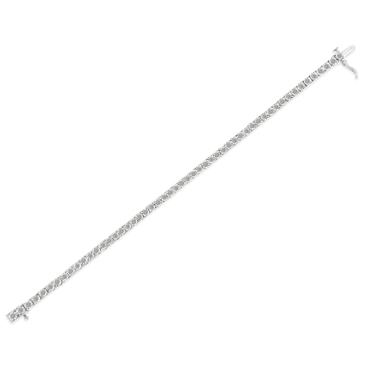 White metal bracelet with round white gemstones in a line with miracle setting, shown flat from an angled top view.