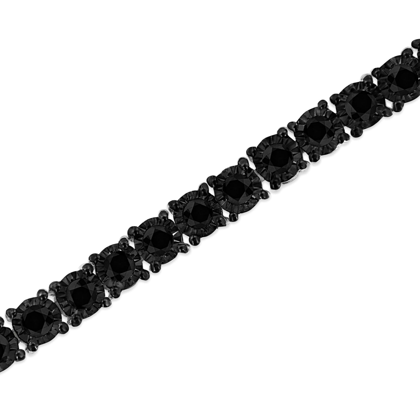 Diagonal close-up of a white metal bracelet with round black gemstones in a miracle setting.