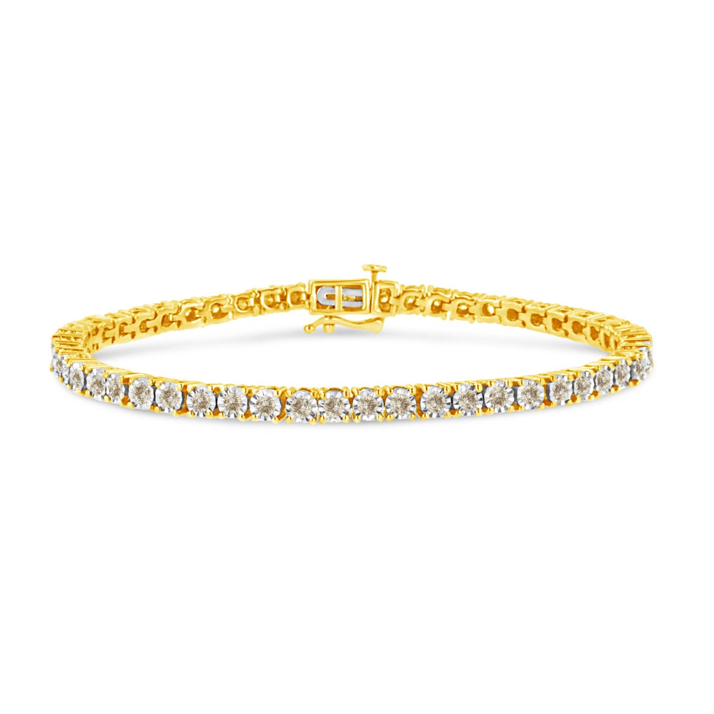 Yellow metal bracelet with round brownish gemstones in a miracle setting, shown from a front angled view.