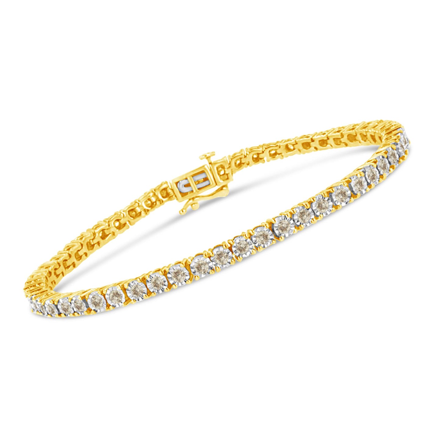 Yellow metal bracelet with round brownish gemstones in miracle setting, shown at an angled side view.