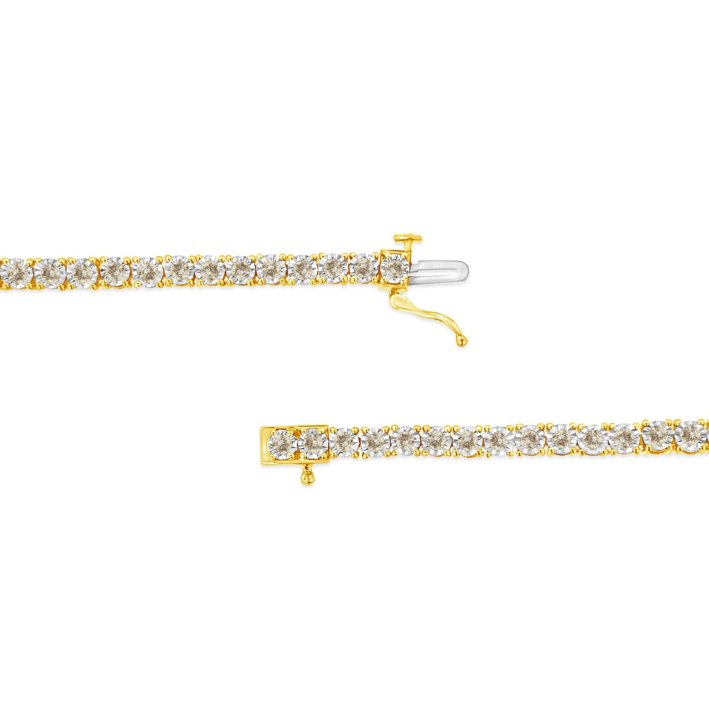 Close-up front angle of a yellow metal bracelet set with round brownish gemstones in a miracle setting, shown unclasped on a white background.