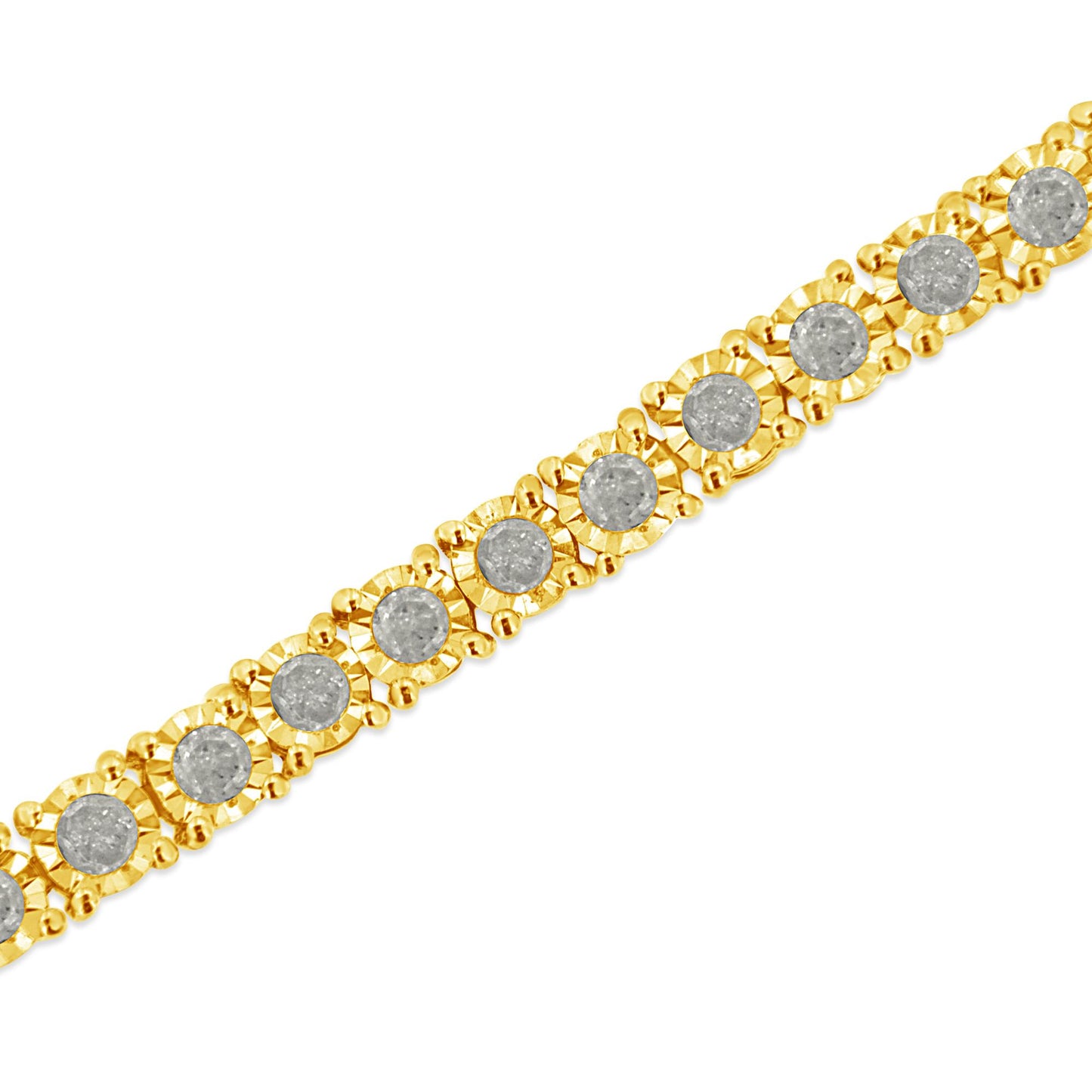 Close-up angle of a yellow bracelet with round brownish gemstones in a miracle setting along its length.