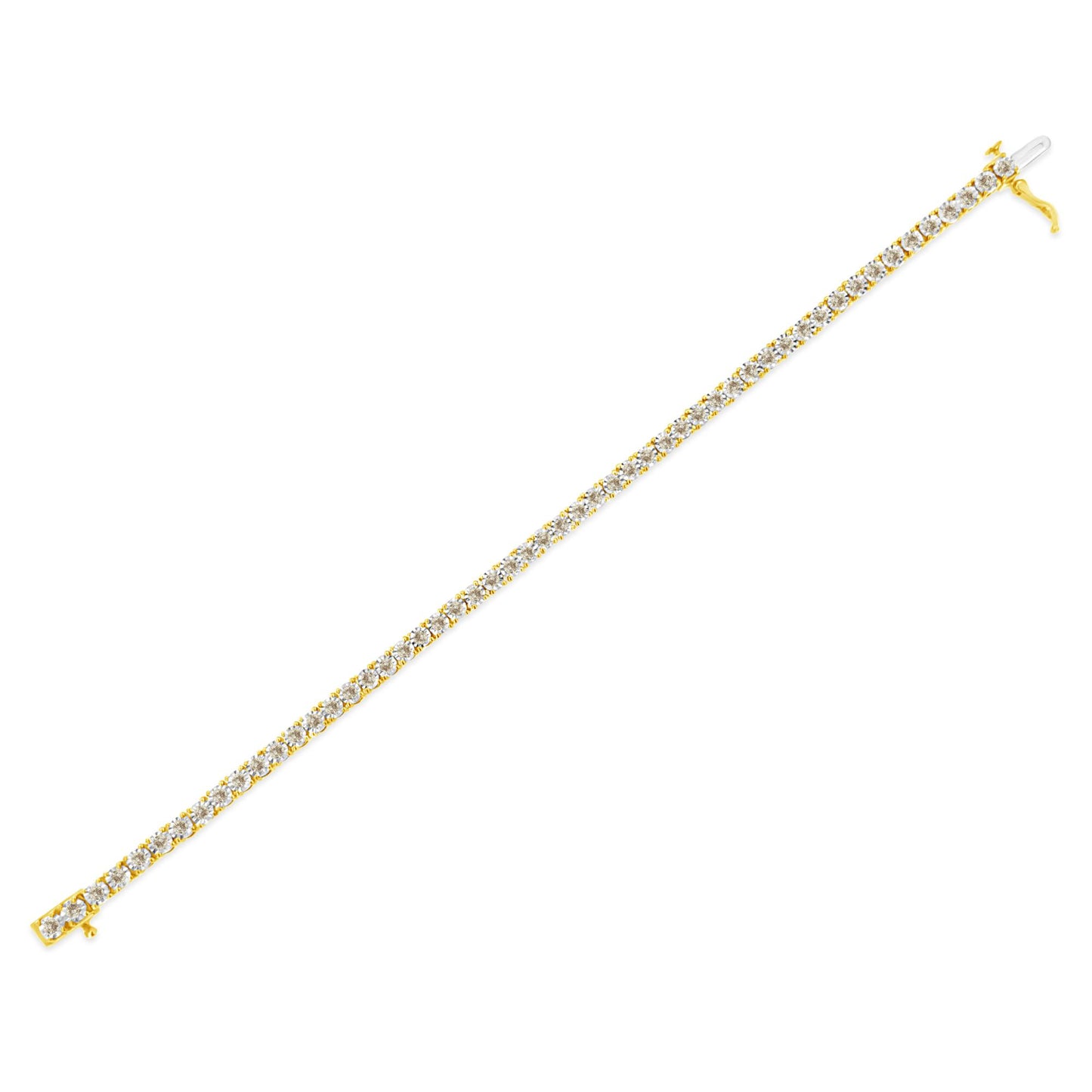Close-up, angled top view of a yellow bracelet featuring round white gemstones in a single row with a visible clasp.