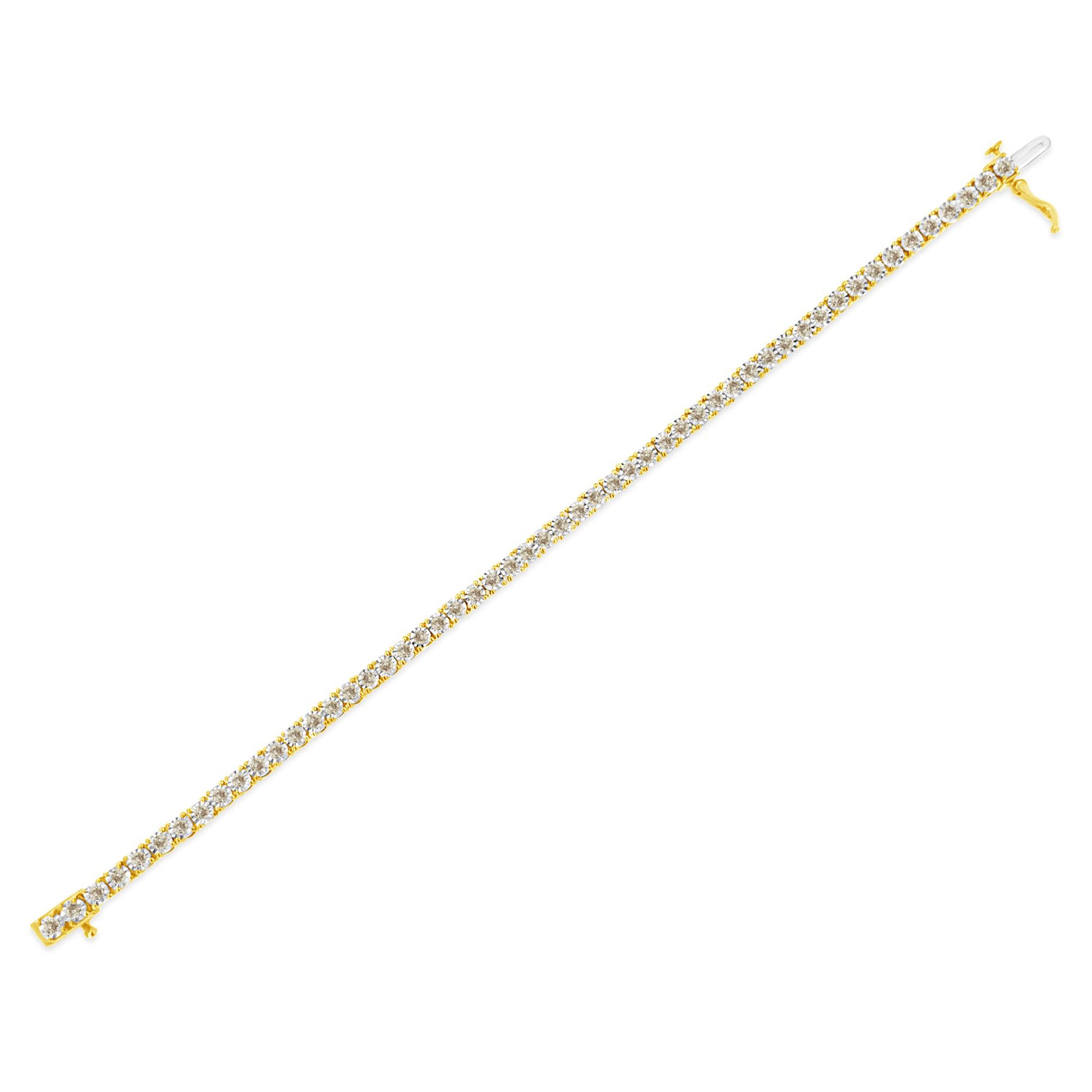Close-up, angled top view of a yellow bracelet featuring round white gemstones in a single row with a visible clasp.