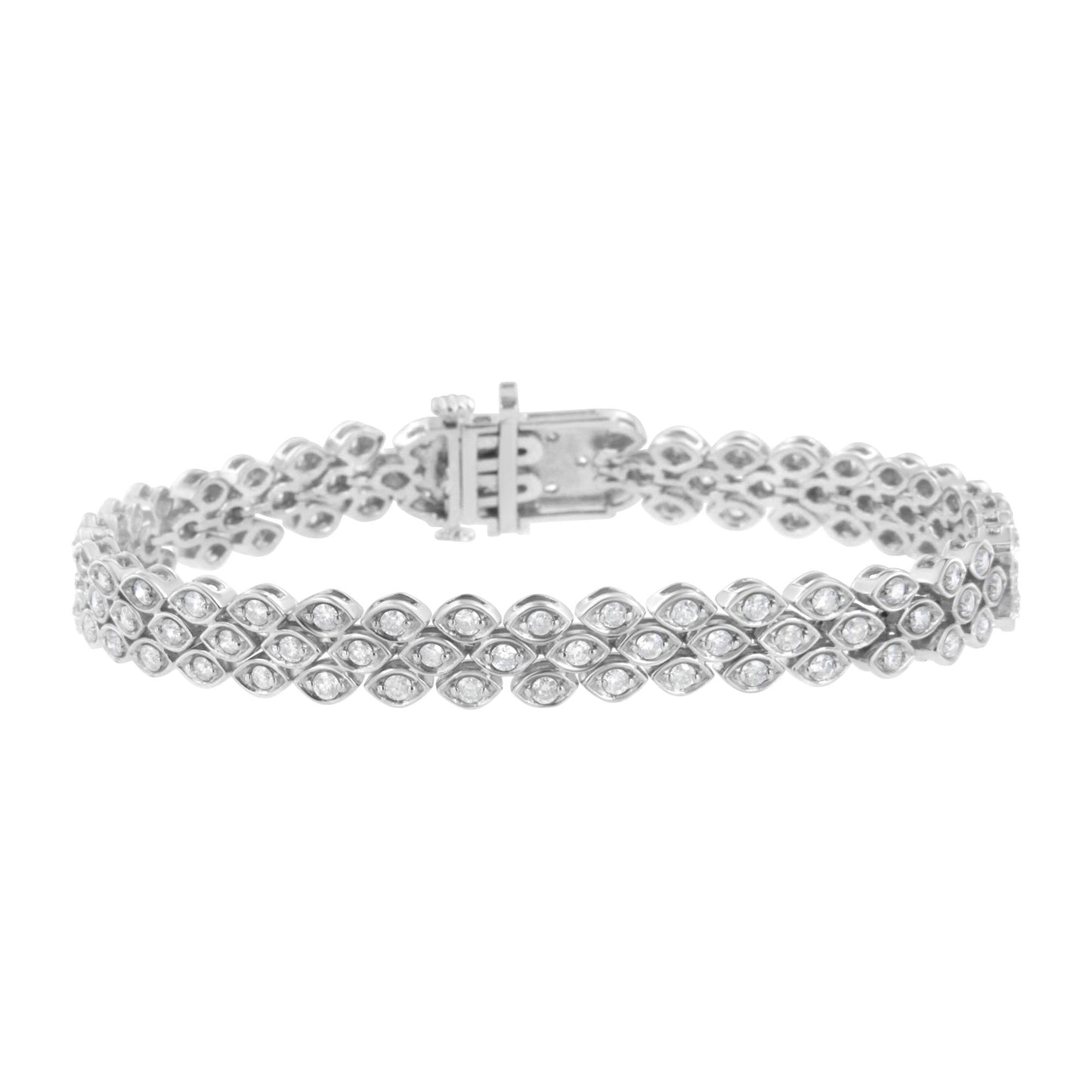 White metal bracelet with round white gemstones in a pave setting, shown from a side angle.