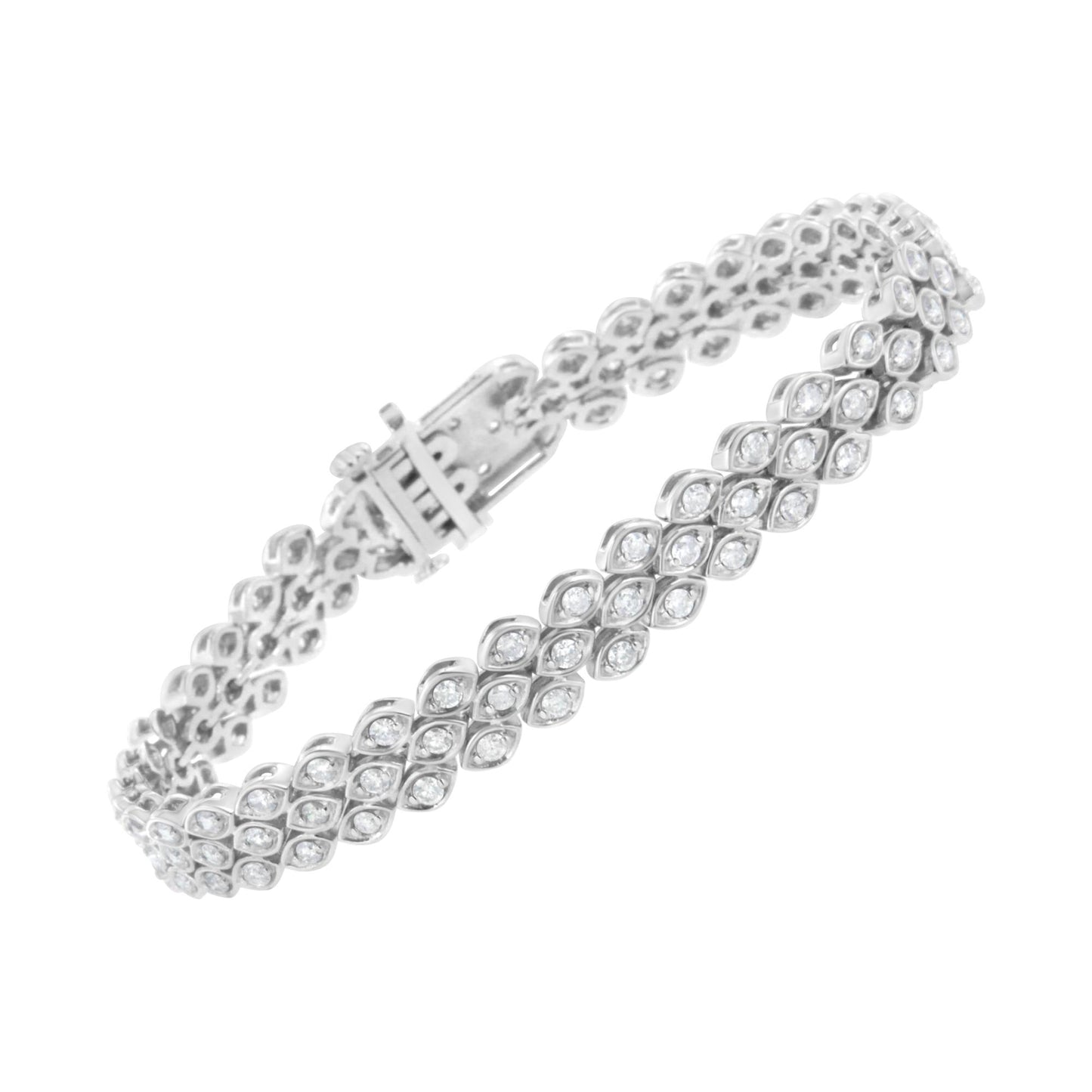 White metal bracelet set with round white gemstones in a pave setting, shown at a slight angle.