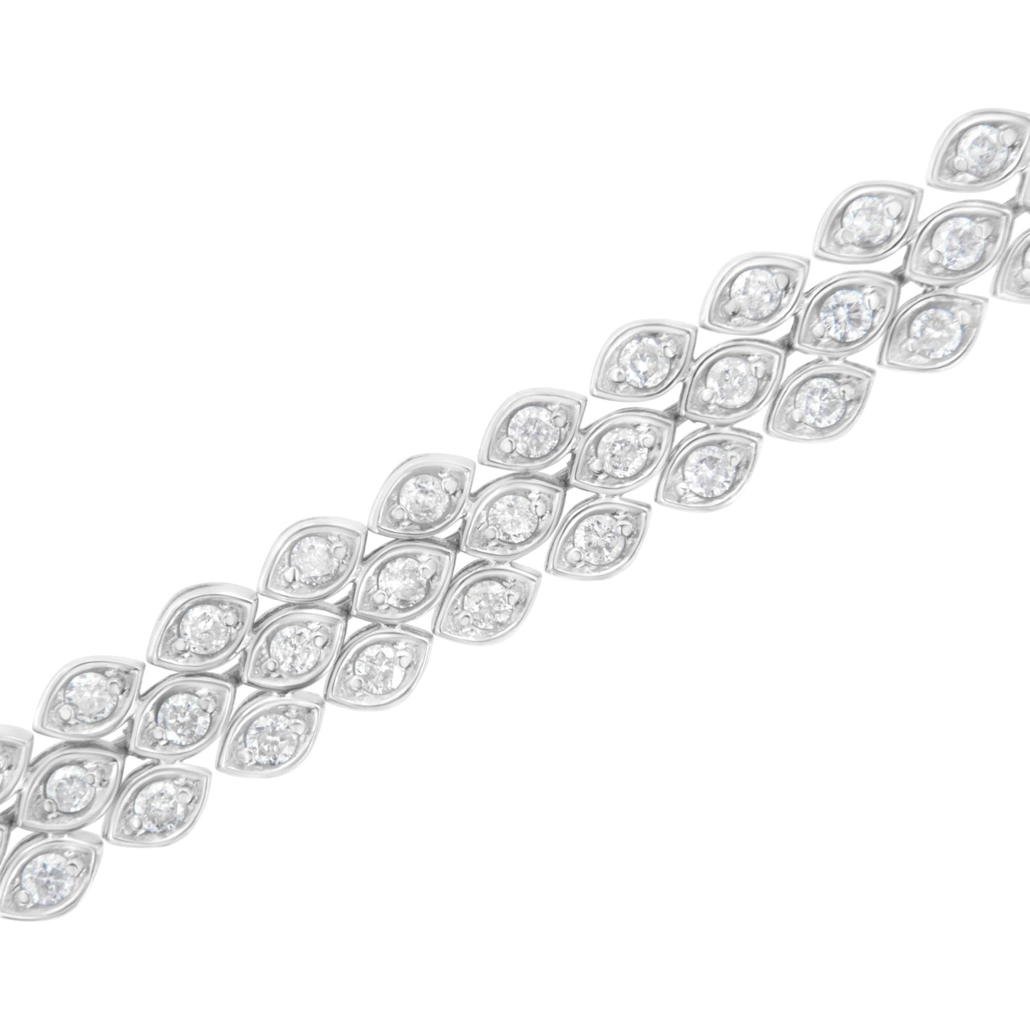 Diagonal close-up of a white metal bracelet featuring multiple marquise-shaped segments each set with a round white gemstone in a pave setting.