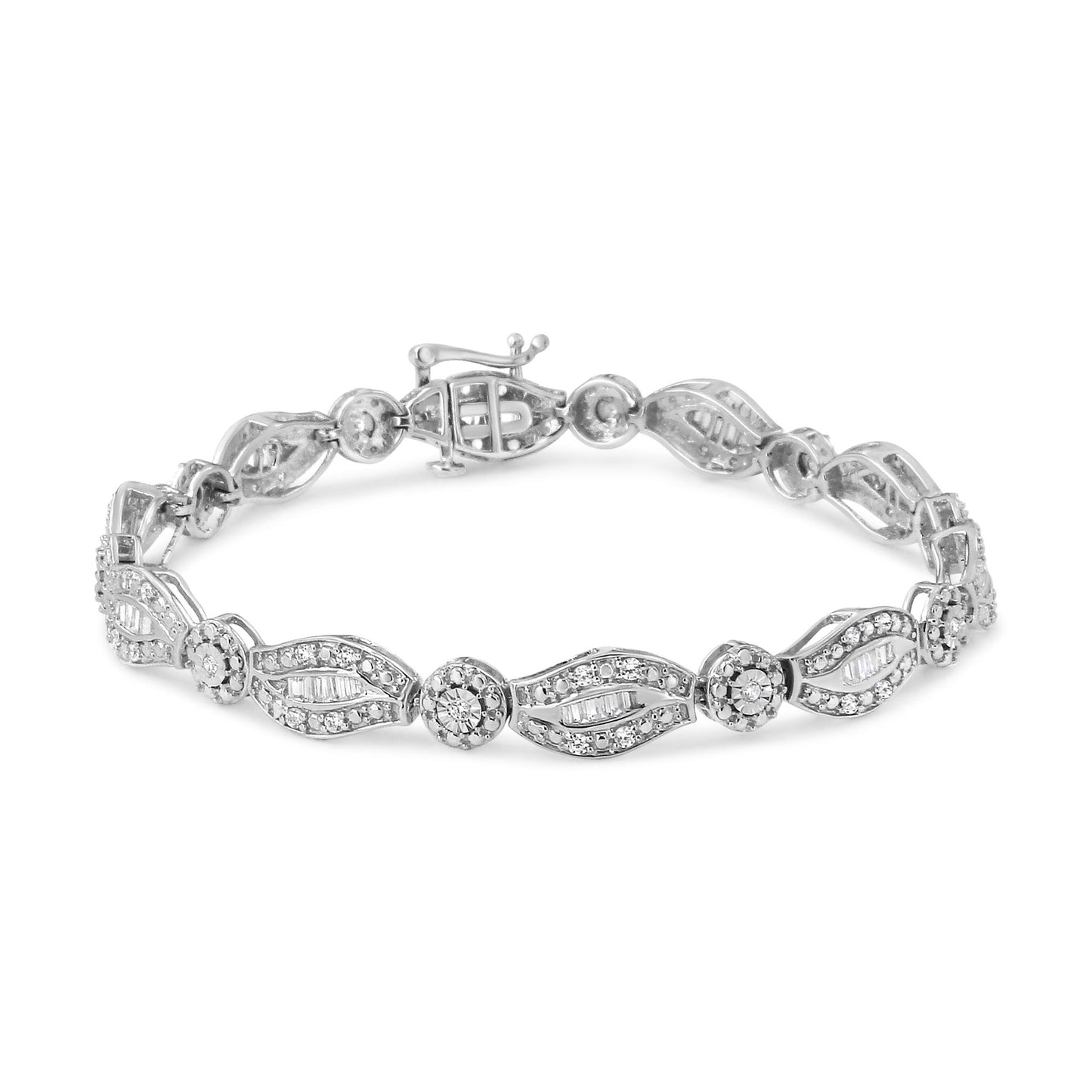 White metal bracelet with alternating round and marquise-shaped links adorned with round and baguette white gemstones, shown from a slightly angled top view.