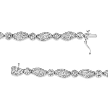 White metal bracelet with alternating round prong-set white gemstones and marquise shapes featuring channel-set baguette white gemstones, shown from top and side angles on a white background.